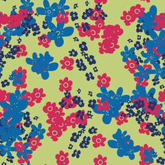 Fantasy messy freehand doodle flowers seamless pattern. Infinity ditsy scribble abstract card, layout. Creative background. Textile, fabric, wrapping paper.