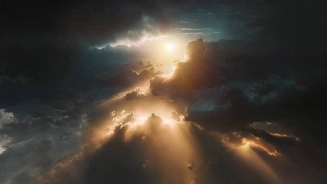 A beautiful flight above dark cloudscape with sun rays coming through the clouds, detailed picturesque view, camera flying to black sky with picturesque sunset clouds, CG animation.