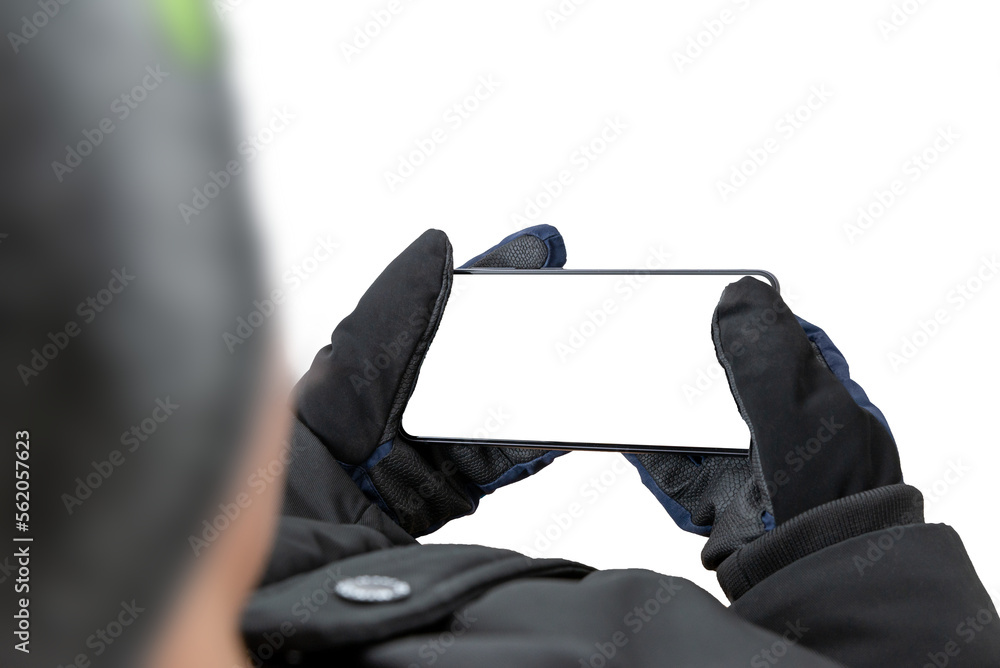 Fototapete Man holding a mobile phone in a horizontal position. Isolated display and background. Concept intended for presentation of apps, use of mobile maps, playing games on mobile platforms