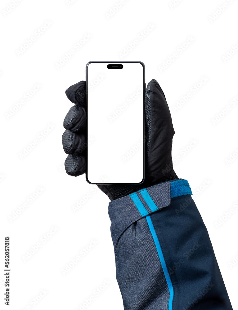 Poster phone mockup in man hand with glove. isolated display for ski app promotion