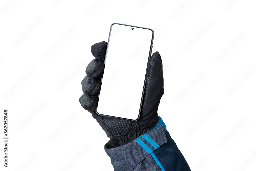 Aufkleber hand with a winter glove shows a mobile phone. isolated background and display for mockup, app prese