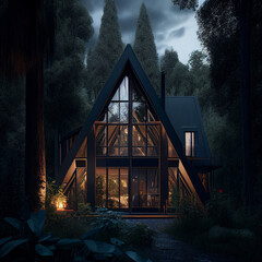 A-Frame Cabin In the Woods With Large Windows and Surrounded By Trees