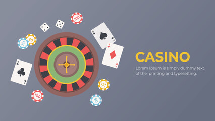 Casino roulette. Tokens, poker chips, playing cards, dice isolated on dark background. Vector illustration for gambling, game design, poster, banner, advertising.