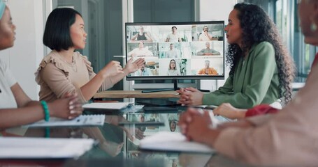 Discussion, team and video conference with screen and business people, online with business meeting and communication. Internet, webinar and online meeting, teamwork and collaboration on video call