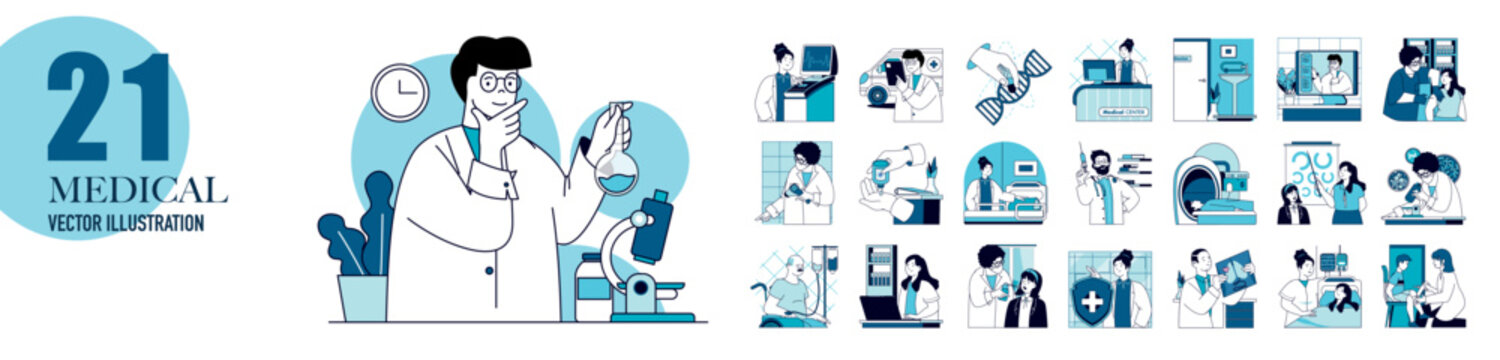 Medical clinic and laboratory concept with character situations collection. Bundle of scenes people doing tests and research, doctor consultation and diagnosis. Vector illustrations in flat web design