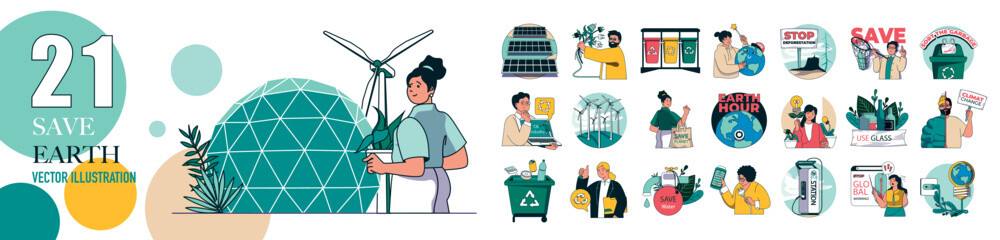 Save Earth concept with character situations collection. Bundle of scenes people collect garbage, recycling waste, using green energy, protecting environment. Vector illustrations in flat web design - obrazy, fototapety, plakaty