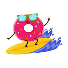 Cute donut glazed with raspberry icing food character on surfboard cartoon illustration. Funny surfer, enjoying outdoor activity. Summer, extreme water sport concept