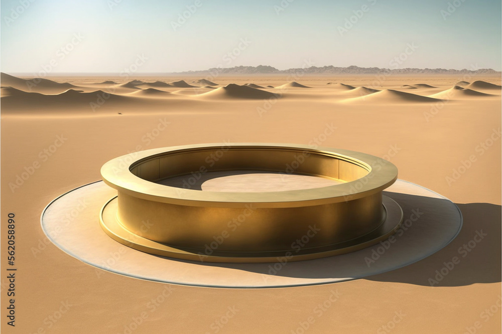 Poster abstract dune cliff sand with metallic podium stand platform. surreal desert natural landscape backg