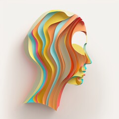 Realistic paper cut layered female human head. Colorful papercut woman silhouette on isolated background for personality or psychology concept.