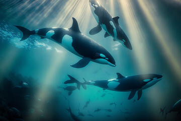 Obraz na płótnie Canvas photography group of orcas swimming in the ocean with rays of light. Ai generated art
