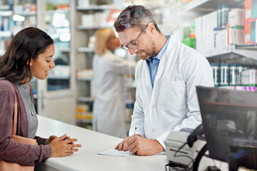 Patient, doctor and writing prescription at pharmacy for customer medical or healthcare need....