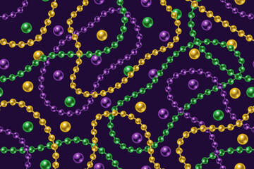 Seamless Mardi Gras pattern with beads, strings beads on dark background. Wavy lines. Vector illustration - obrazy, fototapety, plakaty