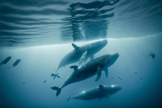 photography group of whales swimming in the ocean. Ai generated art
