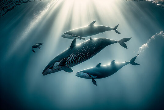 photography group of whales swimming in the ocean with rays of light. Ai generated art
