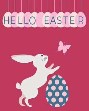 Bunny silhouette, colorful eggs, happy easter lettering. Vector illustration isolated on pink background.