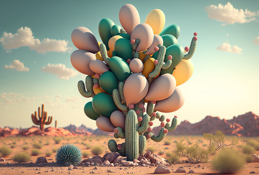 Three Dimensional Render Of Bunch Of Balloons Tied To Desert Cactus. Ai Generated Art