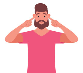 Bearded man in pink t-shirt covering ears with fingers with annoyed expression for the noise. Vector illustration.