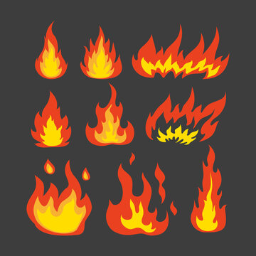 Bright fire or flames vector illustrations set. Collection of cartoon drawings of burning fire, bonfire or campfire isolated on black background. Danger, heat concept