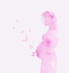 Watercolor pink pregnant woman with butterflies. Happy Mother's Day. Vector illustration