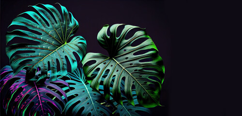 tropical leaves greenery with green leaves over black bsckground, web banner with copy space - obrazy, fototapety, plakaty
