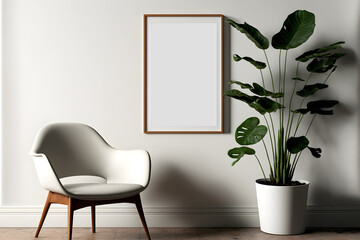 Empty photo frame mockup displayed inside living room, interior design decor with white wall and chair 
and a plant pot nearby, Interior empty photo frame, blank frame mockup, photo frame indoor
