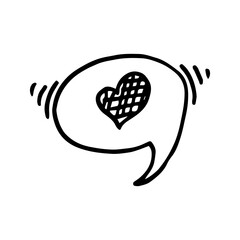 Hand drawn heart icon in speech bubble in vector. Doodle heart icon in text bubble illustration in vector. Hand drawn message bubble with heart