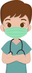 A cartoon illustration of a male medical staff wearing a medical mask