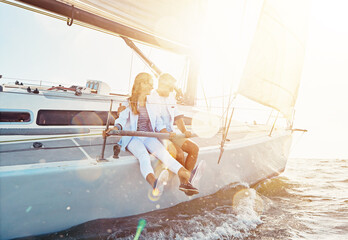 Couple, relax boat trip and ocean sunset for travel holiday, summer vacation or romantic quality...