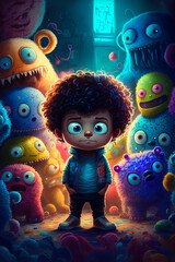 little boy with colored monsters behind him