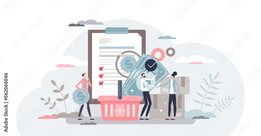 Poster procurement work as supply chain and order processing tiny person concept, transparent background. o