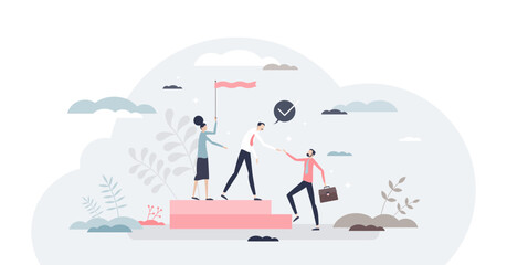 Onboarding colleague as introduction team with new member tiny person concept, transparent background. Employee adaption in work place and rules instruction to join company illustration.