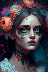 Fototapeta premium beautiful girl with day of the dead make up and flowers on her hair