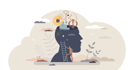 Philosophy study as learning about moral and ethics tiny person concept, transparent background. Traditional historical ideology ideas research and education illustration. - obrazy, fototapety, plakaty