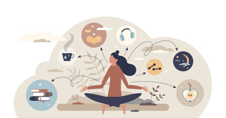 Self care personal health habits combination for wellness tiny person concept, transparent background. Daily lifestyle for happiness and physical or emotional peace illustration.