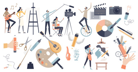 Arts set as professional creative entertainment theme items tiny person concept, transparent background. Isolated elements with painting, cinematography, photography.