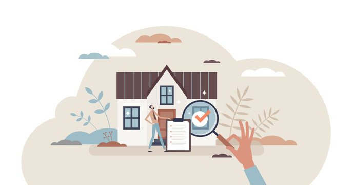 Real estate appraiser as property evaluation for sale tiny person concept, transparent background. Estimate value inspection and assessment as housing appraisal service illustration.