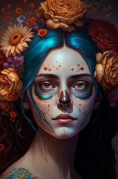 Portrait of woman with sugar skull makeup and colorful flowers on her hair