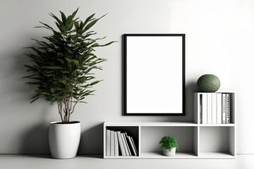 Modern indoor blank picture frame mockup on white wall.  Scandinavian style interior with artwork mock up on wall. empty mock up photo frame with book shelf and indoor plant with pot
