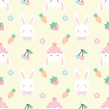 Cute seamless pattern bunny head hand drawn style. Cute rabbit head decorate with cute carrots, pink and blue cherry and flowers. This pattern is designed for fabric printing. and other print media.