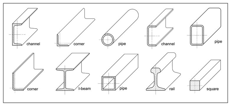 Metal profiles isometric view. Steel rolled products. I-beam, pipe, rail, girder, construction bars, corner, square, round tube. Aluminum elements for metalwork. CAD Set for metallurgy industry Vector
