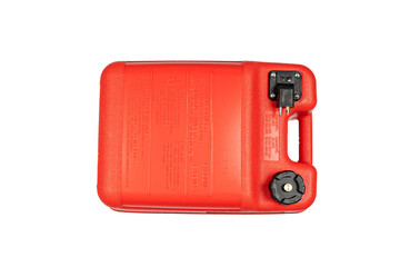 A red portable plastic fuel tank of 24-25 liters with a handle and a tube for an outboard motor is carved on a white background