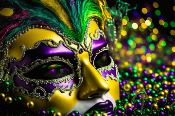 Gold, purple and green glittery mardi gras mask on shining bokeh background. Generative AI illustration