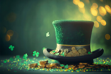 Shiny green hat, gold coins and clover leaves. St. Patrick's day concept. Generative AI illustration - obrazy, fototapety, plakaty