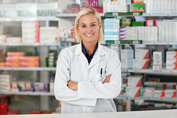 Doctor, pharmacy worker and happy portrait ready for medical support, wellness industry and standing pharmaceutical drug store. Woman, nurse smile and healthcare medicine or pharmacist headshot - obrazy, fototapety, plakaty