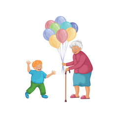 Grandmother and grandson. Cute illustration of a grandmother who gives him balloons. An elderly woman congratulates a little boy. Vector illustration in cartoon style