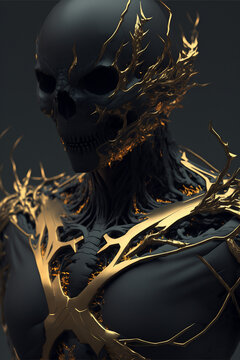 The embodiment of darkness elegant vantablack demon with golden cracks. Created with Generative AI.