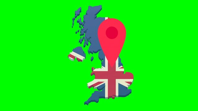 Looping animation with a jumping red location marker over the 3D map of the United Kingdom in the colors of the British flag in flat design style on a green background for transparency