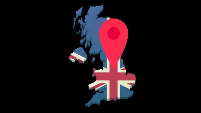 Looping animation with red location marker jumping over 3D map of united kingdom in colors of british flag in flat design style with alpha channel for transparency