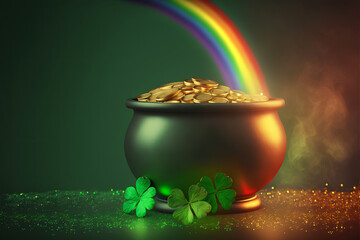 Pot of gold coins, clover leaves and rainbow. St. Patrick's day concept. Generative AI illustration - obrazy, fototapety, plakaty