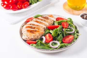 Salad with grilled chicken fillet meat, fresh vegetables, spinach, ruccola, red onion and tomato. Healthy menu. Diet food. Top view. Banner 